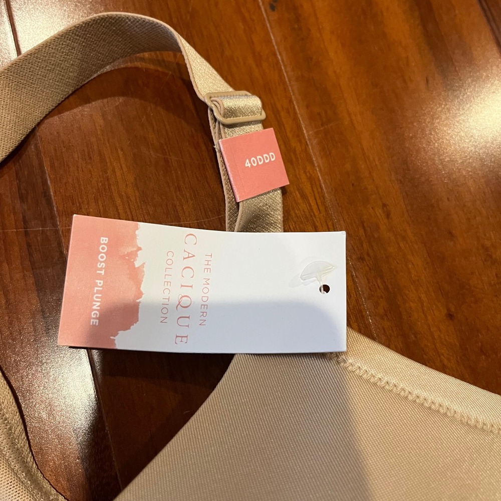 Cacique Boost Plunge Bra 40DDD 40F Beige Nude Racerback‎ Lace Intimates Plus New - Picture 2 of 8